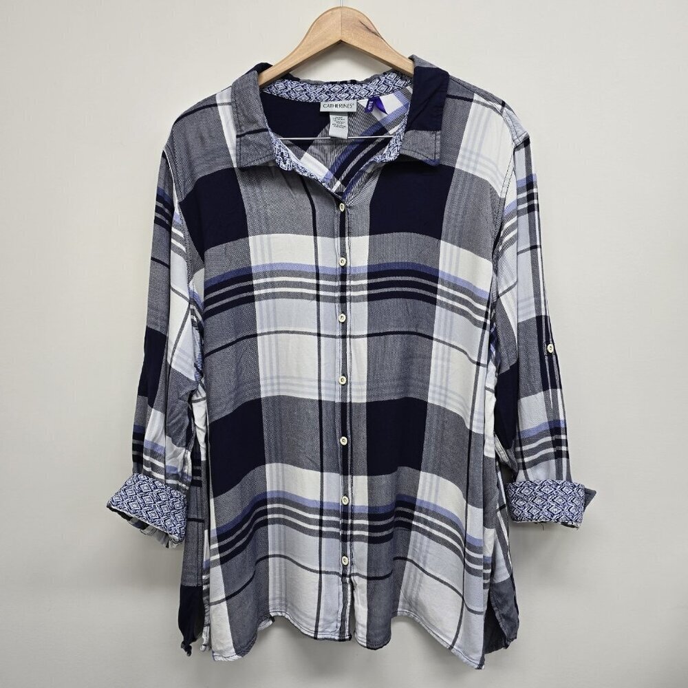 Catherines Roll Tab Button Up Shirt 3X 26/28WP Petite Blue Plaid Contrast Cuff